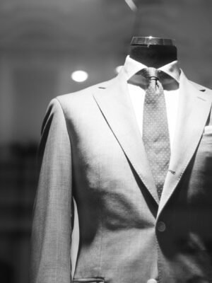 Classy gray suit on mannequin in studio