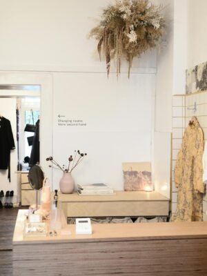 Interior of modern clothes shop with counter